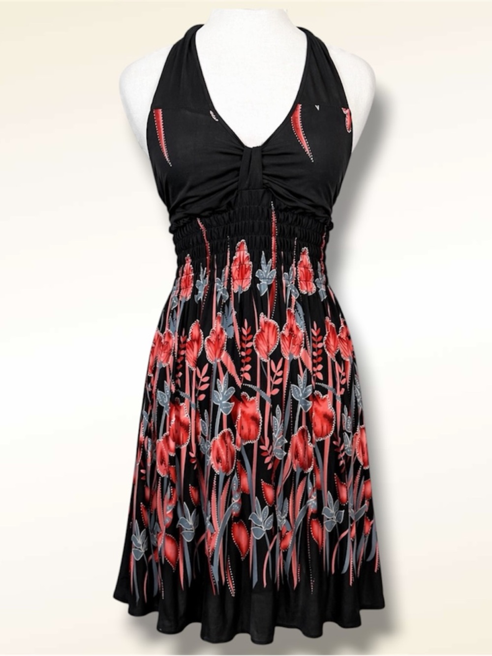 Black‎ Floral Halter Mini Dress Size S/M Sundress